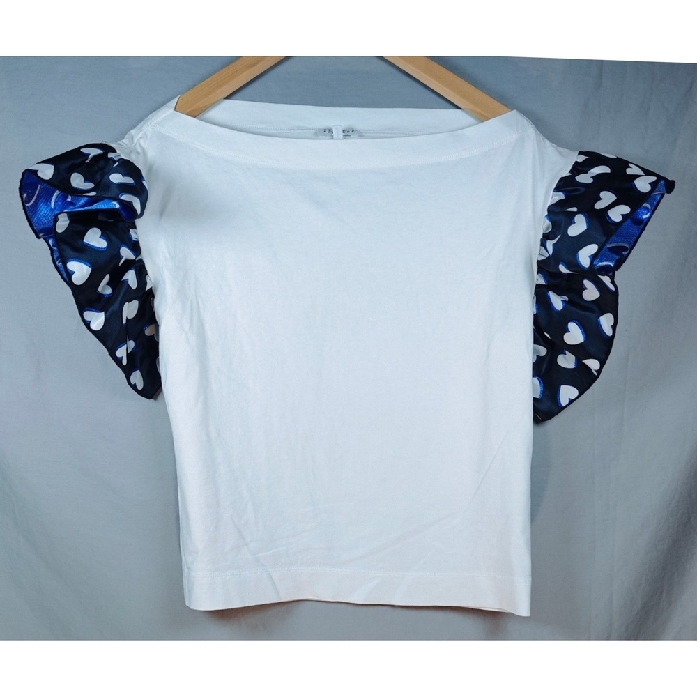 Claudie Pierlot White Boatneck Top Navy Heart Print Ruffle Cap‎ Sleeve Size 1